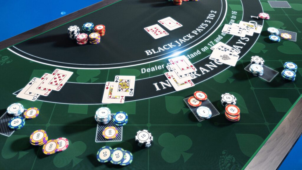 blackjack pöytä ja pelaajien kädet